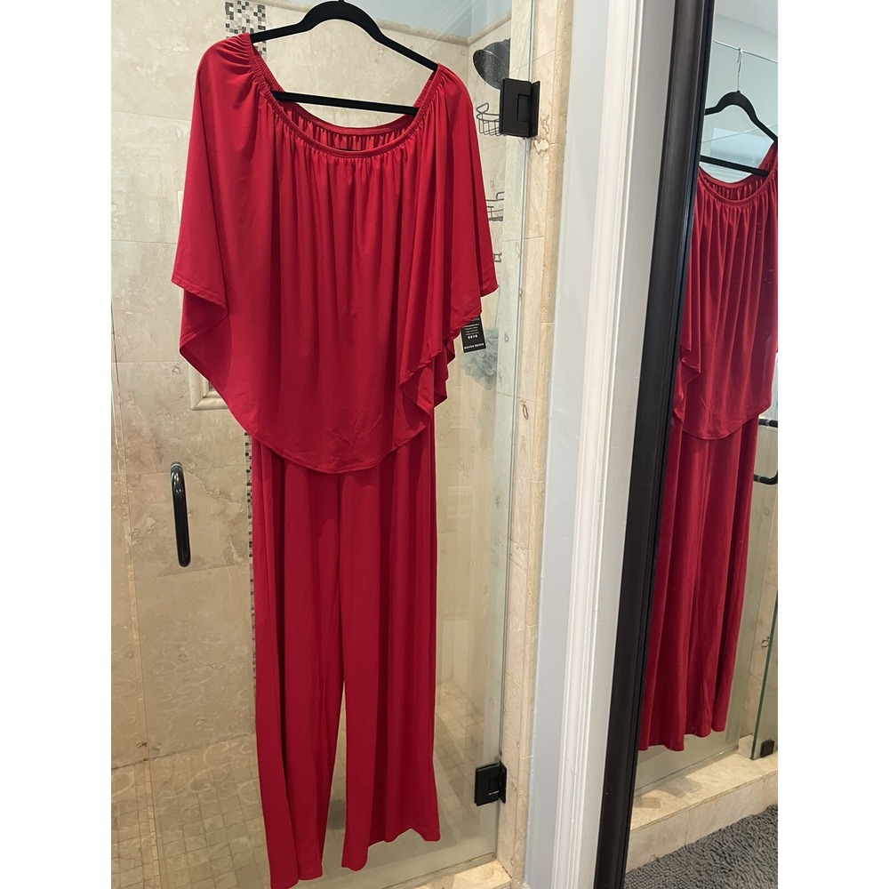 Boston Proper Red Off The Shoulder Jumpsuit M Jersey Wide Leg NWT August